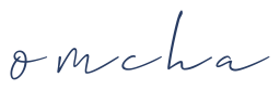 The omcha logo, the word omcha written in thin black script font