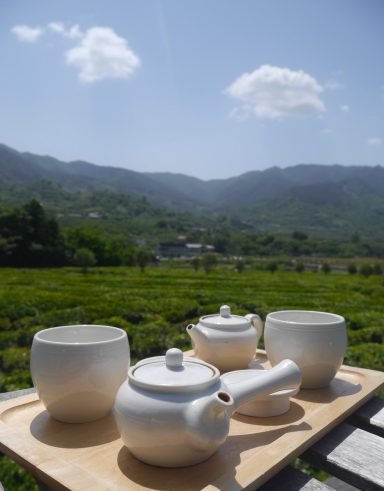 Two teapots and two teacups on a small tray on a wooden table in the foreground, with tea fields and mountains in the background